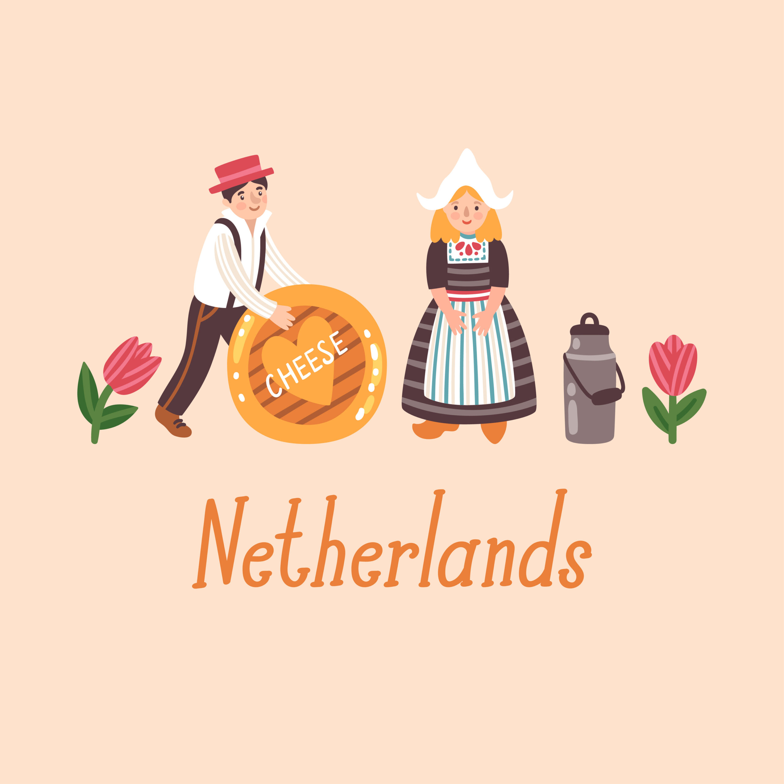 Illustration of a Dutch man with a large cheese wheel and a woman in traditional dress with tulips, labeled Netherlands