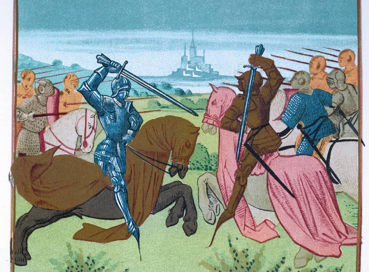 Two knights in armor clash on horseback in a medieval battle, with a distant castle on the horizon and soldiers advancing behind them.
