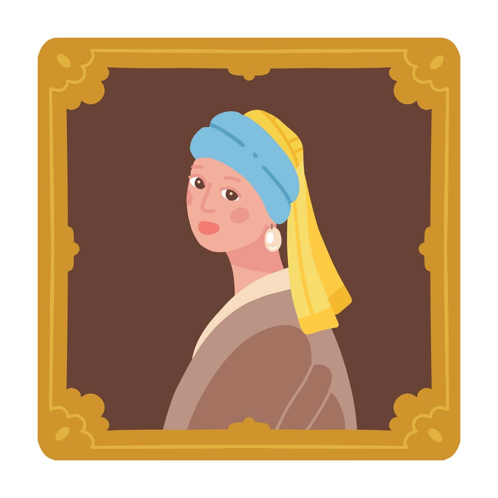 Stylized portrait of a woman wearing a blue head wrap and yellow scarf inside a gilded frame.