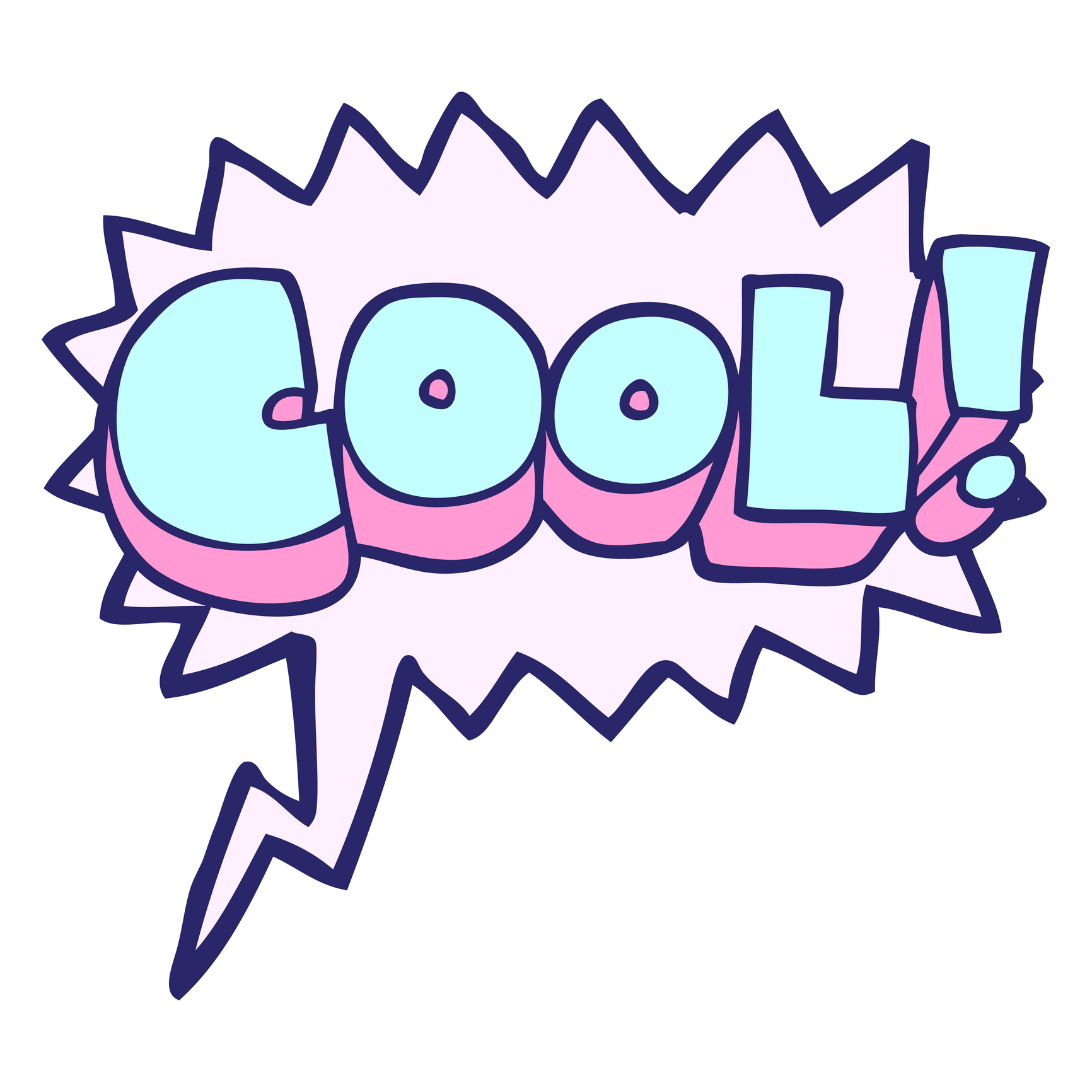 Cartoon explosion shape with the word 'COOL!' in large pastel blue letters outlined in dark blue, pink accents behind the letters.