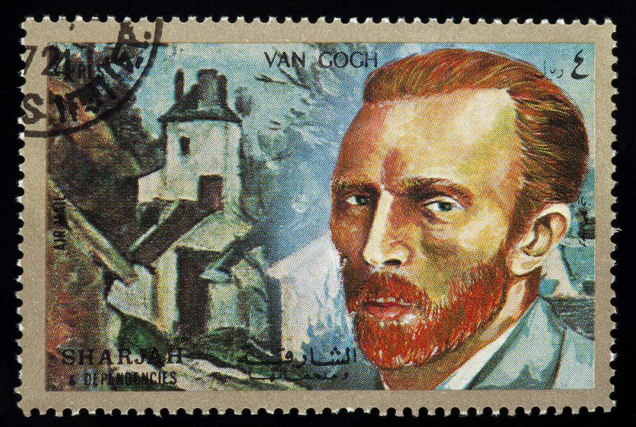 Portrait of Vincent van Gogh on a postage stamp, with a village church in the background and multilingual text.