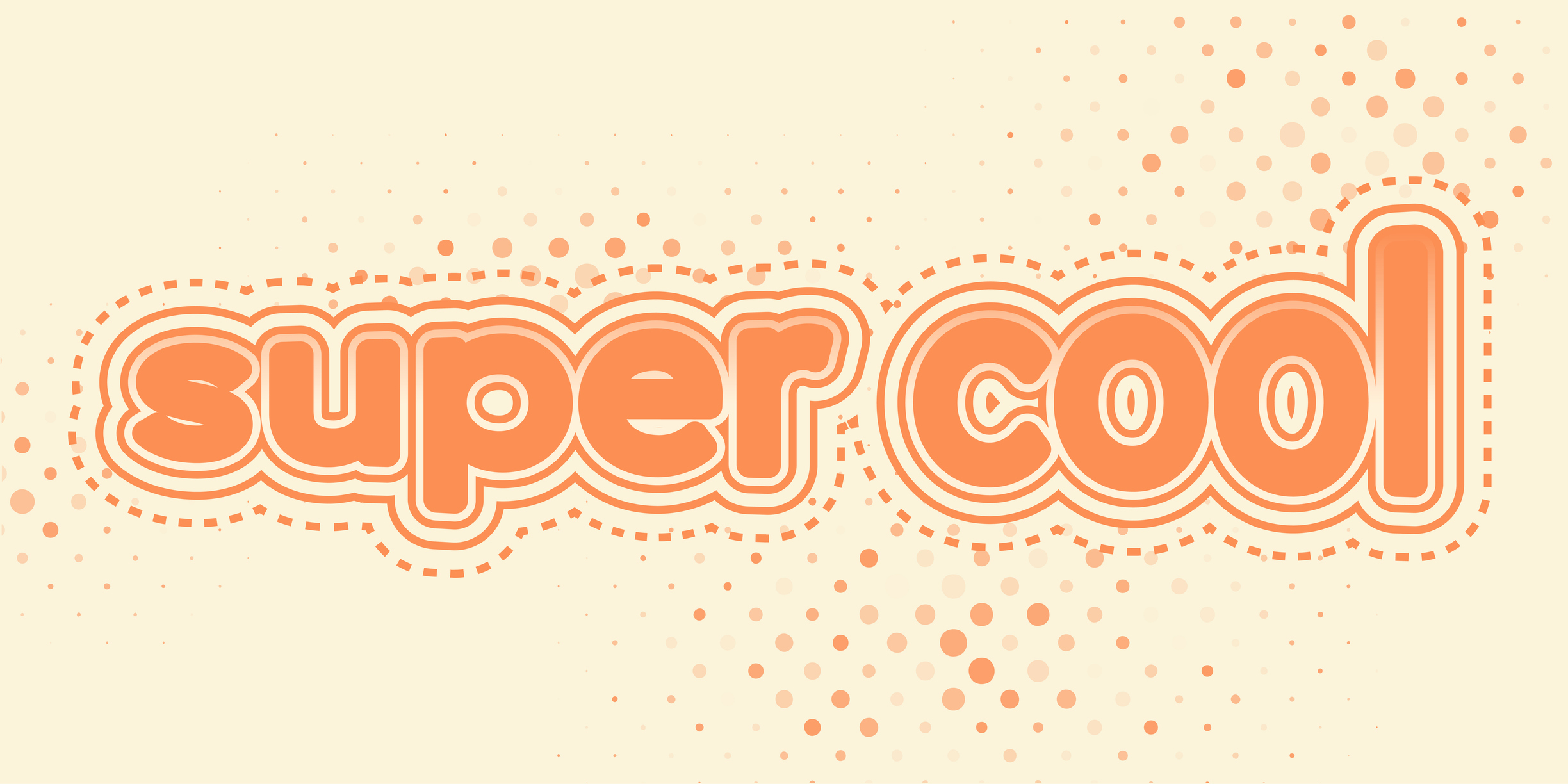 Retro-style orange word 'supercool' on a pale yellow background with dotted decorative patterns.